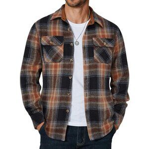 Coofandy Men Brown Flannel Plaid Button Down Jacket Shirt with Pockets